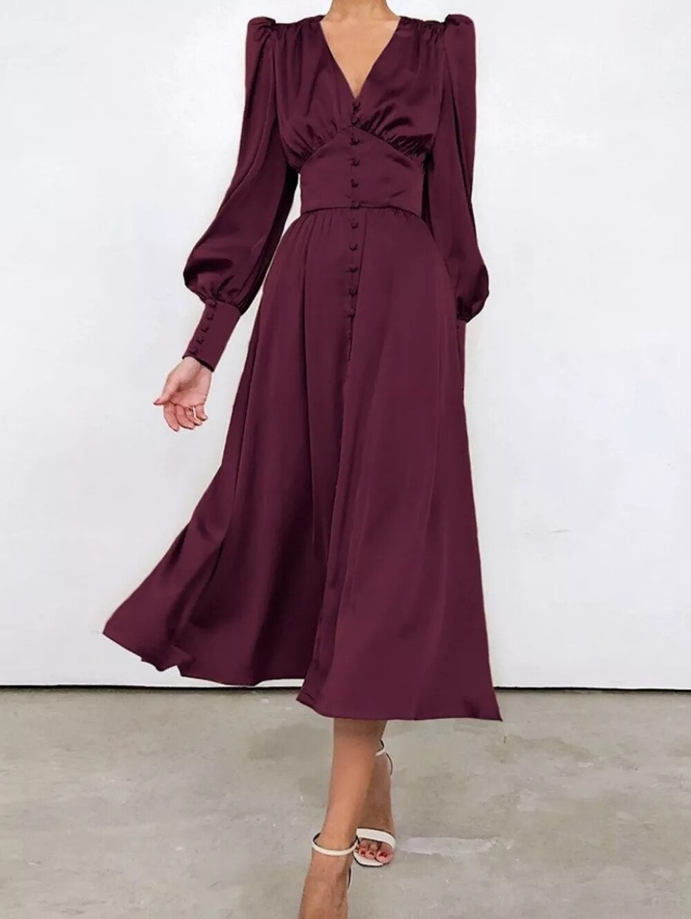 V-Neck Lantern Sleeve Midi Dress